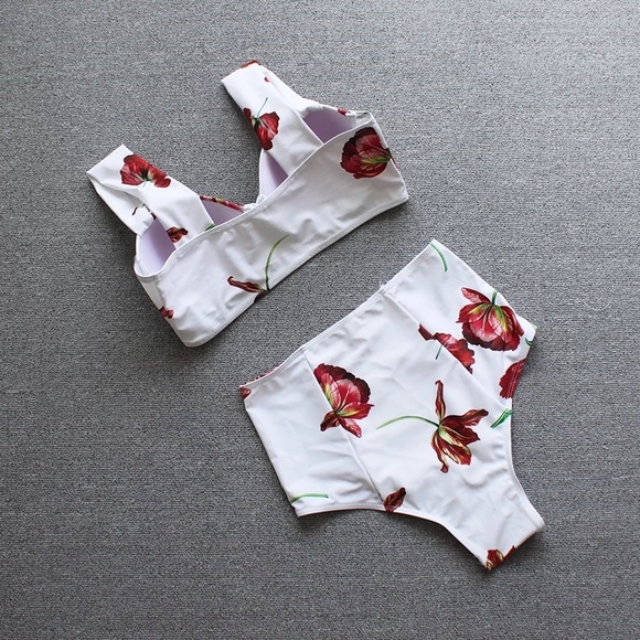 NWT L or XL white floral Spanish square neck hi waist - Picture 3 of 7